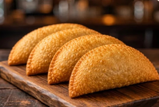 Pastel c/ 4 — Brazilian fried pastries on a wooden board