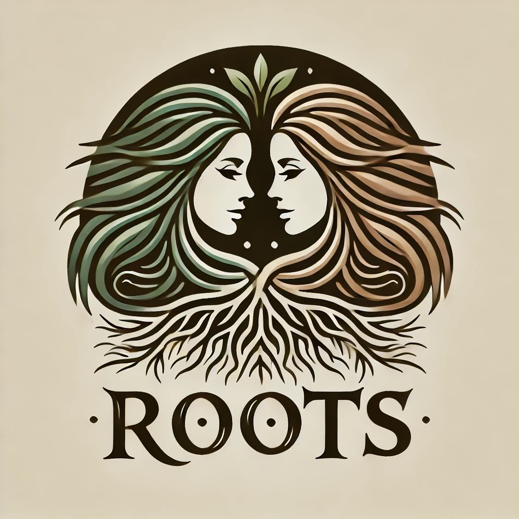 Roots Bar logo: two faces framed by flowing hair that becomes a tree and roots above the word ROOTS