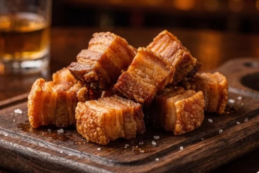 Torresmo de porco — crispy pork belly bites on a wooden board