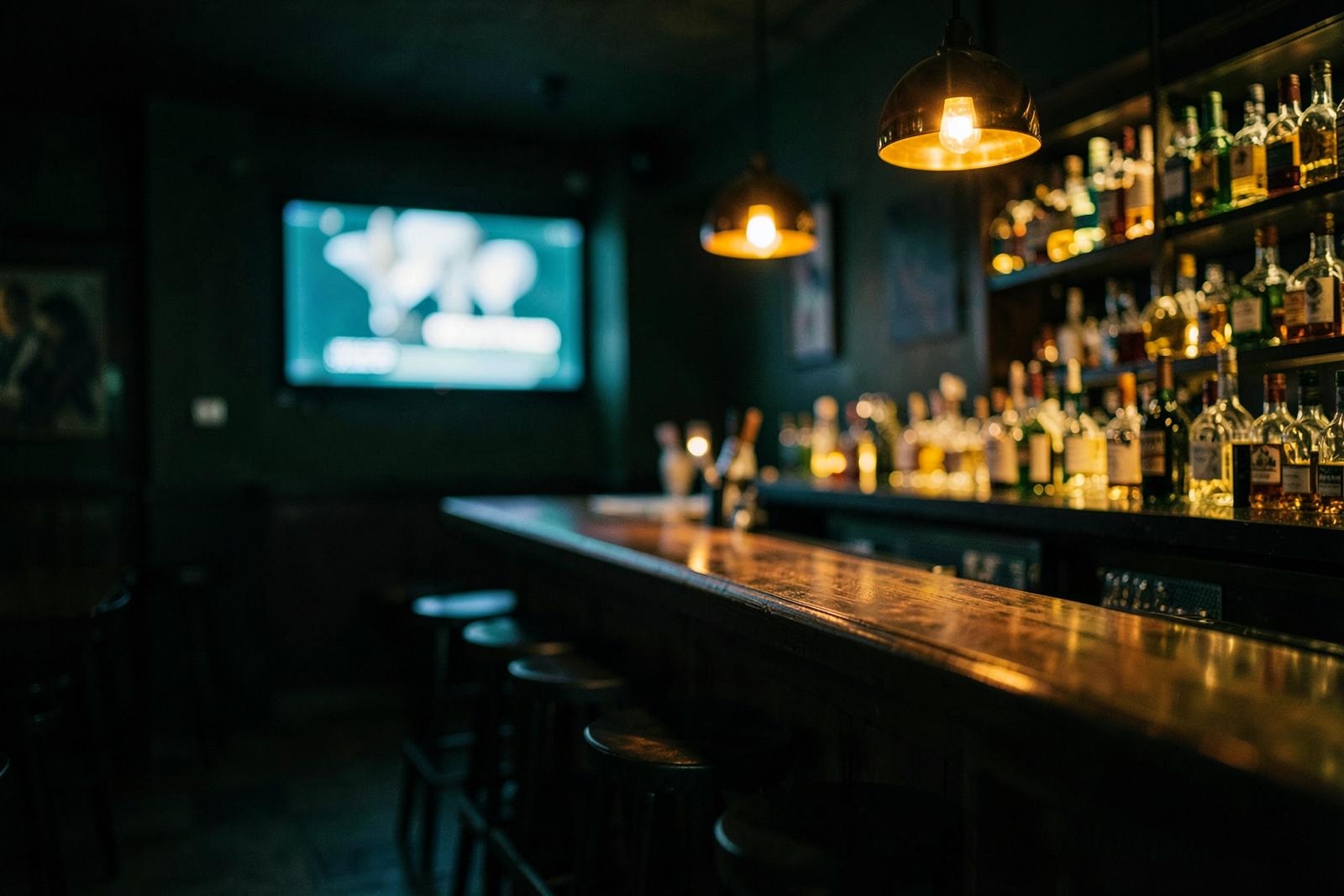 Roots Bar counter lit with warm amber pendant lights